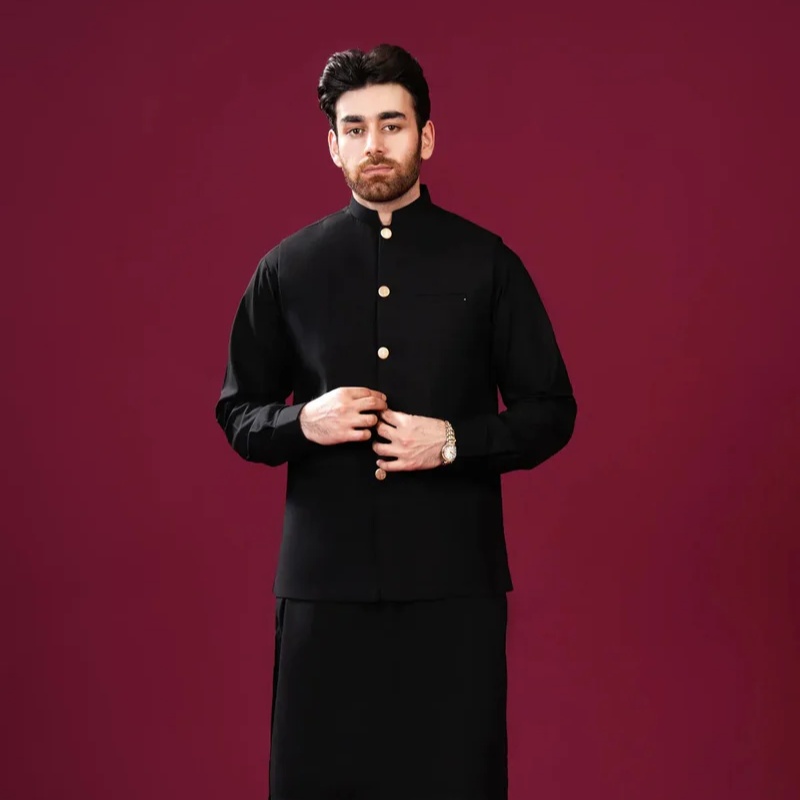 Black Blended Waistcoat - Straight Cut Buttoned - Men