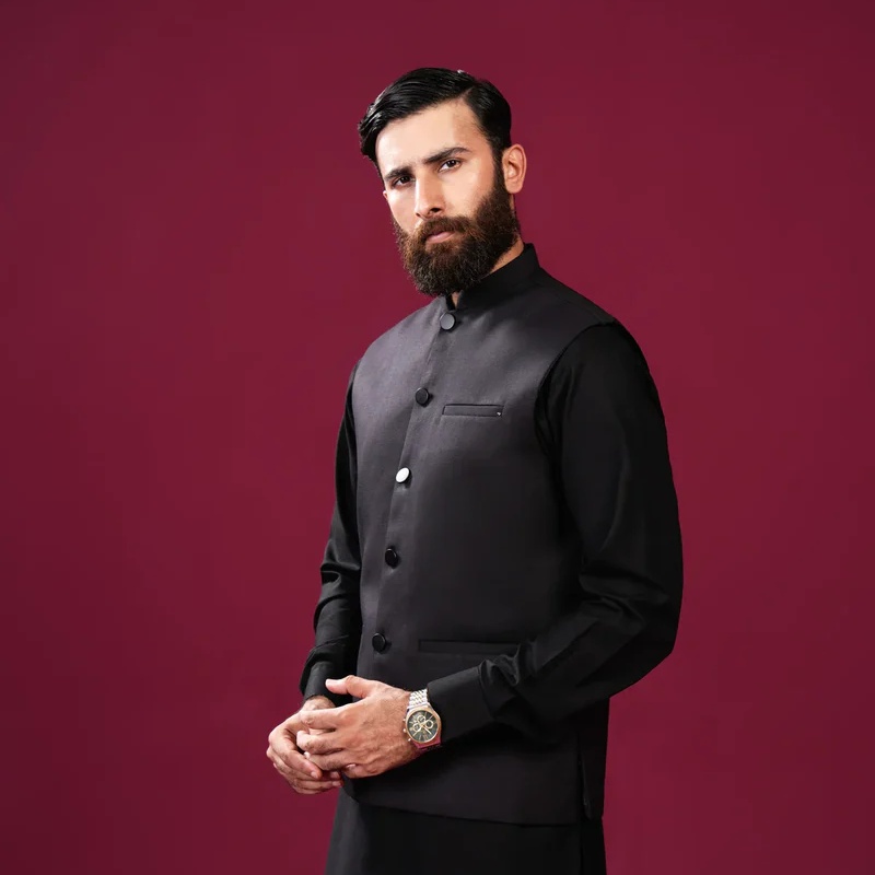 Black Suiting Waistcoat - Straight Cut Buttoned - Men