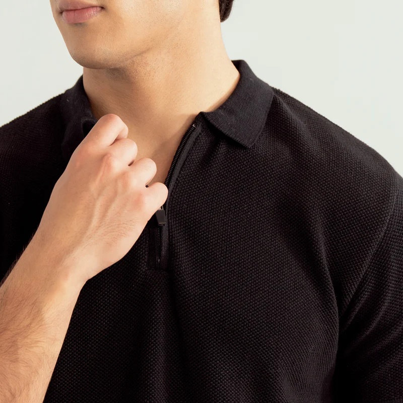 Black Zipper Links Knitted Polo - Men