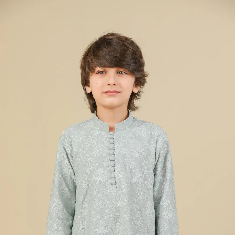 Abroo - Ice Blue Raw Silk Embroidered Kurta Trouser - Kids