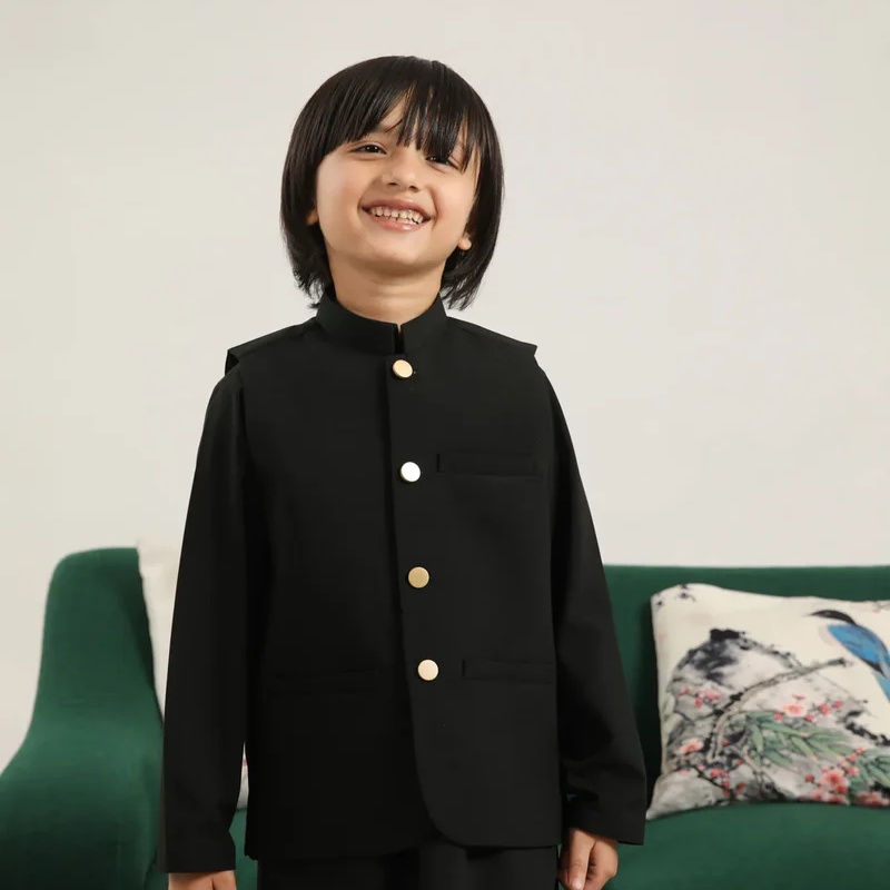 Black Panjabi Trouser with Blended Waistcoat - Round Cut Buttoned - Kids