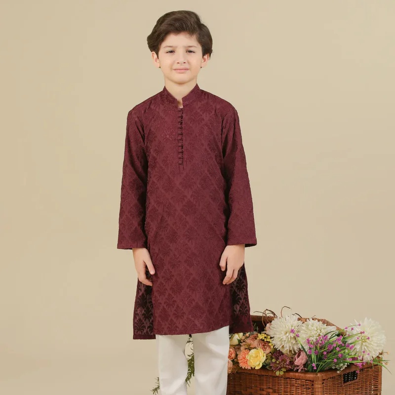 Miras - Maroon Raw Silk Embroidered Panjabi Trouser - Kids