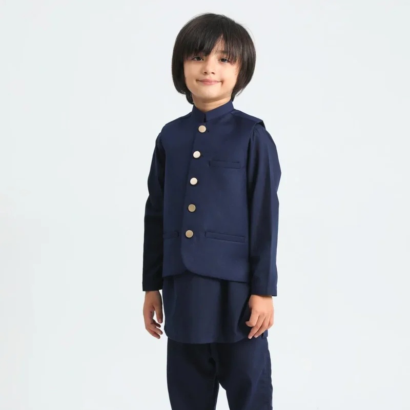 Navy Blue Panjabi Trouser with Suiting Waistcoat - Kids
